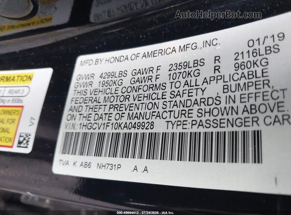 1HGCV1F10KA049928 2019 HONDA ACCORD Black Widok komory silnika