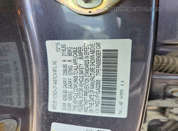 1HGCV1F10LA022505 2020 HONDA ACCORD Gray ძრავის განყოფილების ხედი