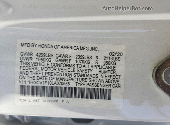 1HGCV1F10LA070666 2020 HONDA ACCORD White Widok komory silnika