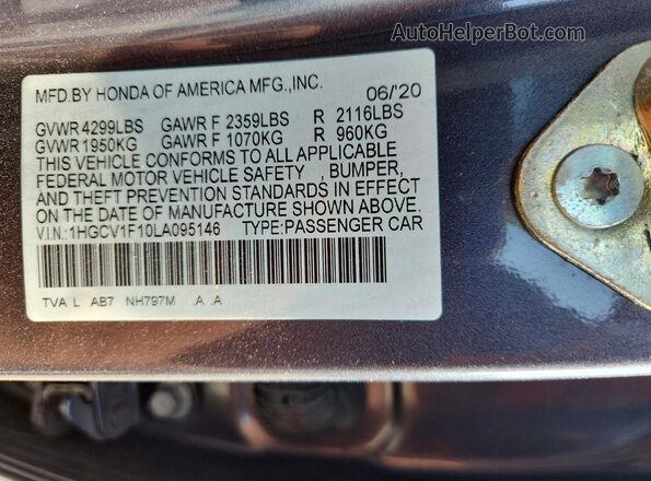 1HGCV1F10LA095146 2020 HONDA ACCORD Gray VIN კოდის სტიკერის ხედი