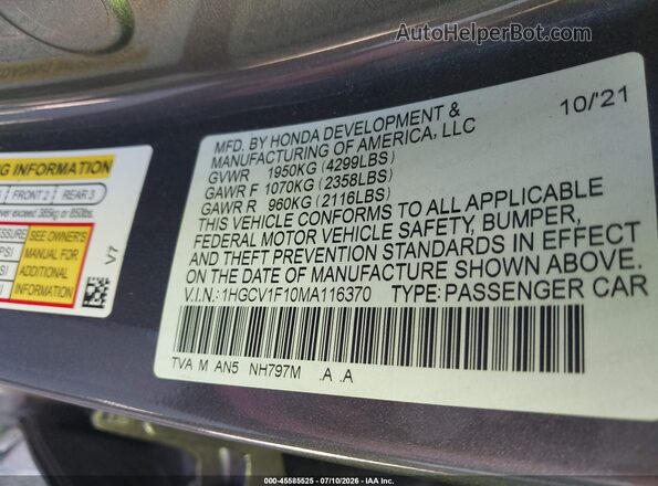 1HGCV1F10MA116370 2021 HONDA ACCORD Gray Вид підкапотного простору