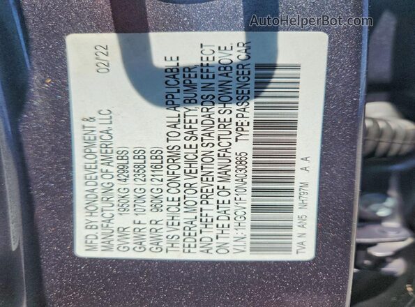 1HGCV1F10NA030865 2022 HONDA ACCORD Gray Вид підкапотного простору