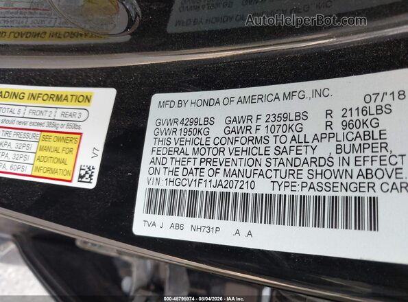1HGCV1F11JA207210 2018 HONDA ACCORD Black Engine compartment view