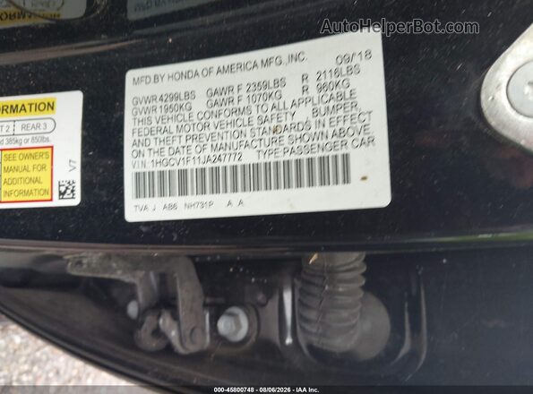 1HGCV1F11JA247772 2018 HONDA ACCORD Черный Вид подкапотного пространства