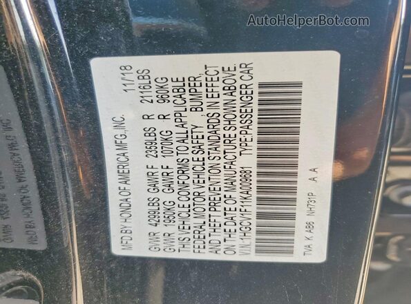 1HGCV1F11KA009681 2019 HONDA ACCORD Black Vista del compartimento del motor