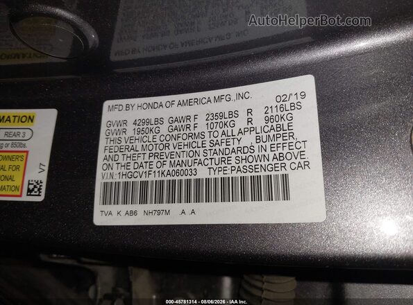 1HGCV1F11KA060033 2019 HONDA ACCORD Gray ძრავის განყოფილების ხედი