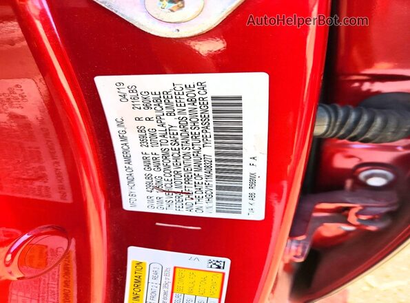 1HGCV1F11KA083277 2019 HONDA ACCORD Red ძრავის განყოფილების ხედი