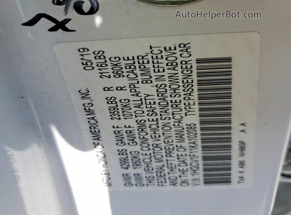 1HGCV1F11KA102085 2019 HONDA ACCORD White Widok komory silnika