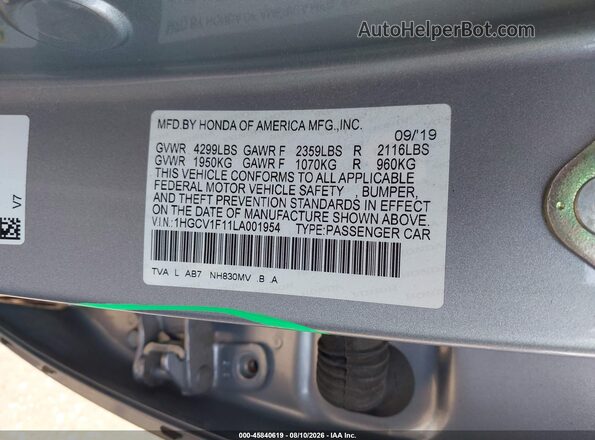 1HGCV1F11LA001954 2020 HONDA ACCORD Silver Շարժիչի բաժամունքի տեսք