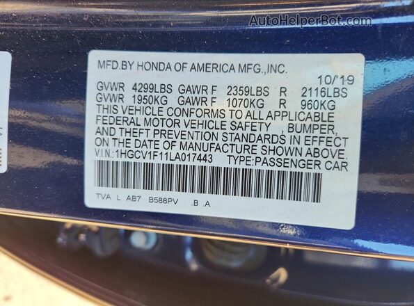1HGCV1F11LA017443 2020 HONDA ACCORD Blue Շարժիչի բաժամունքի տեսք