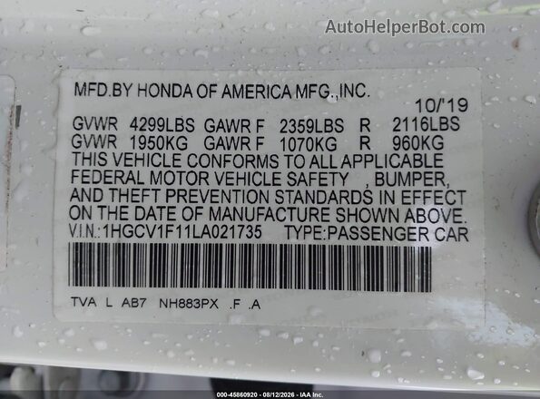 1HGCV1F11LA021735 2020 HONDA ACCORD White Widok komory silnika