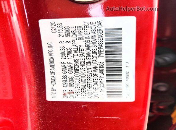 1HGCV1F11LA071535 2020 HONDA ACCORD Burgundy Widok naklejki z numerem VIN