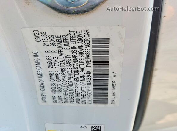 1HGCV1F11LA082440 2020 HONDA ACCORD White Вид підкапотного простору
