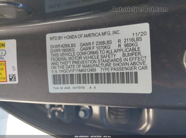 1HGCV1F11MA012485 2021 HONDA ACCORD Gray Widok komory silnika