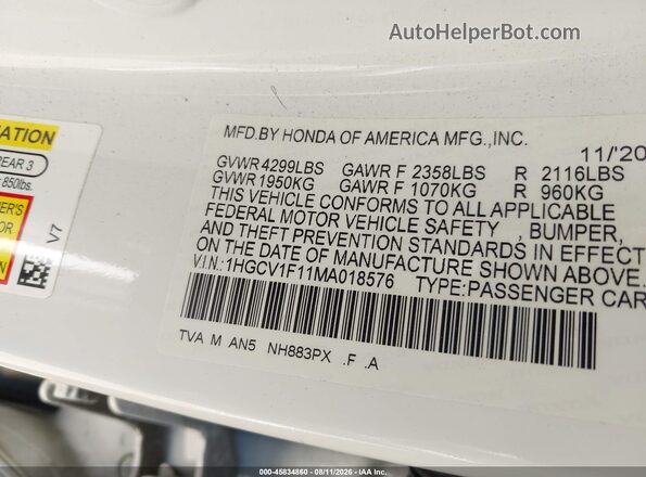 1HGCV1F11MA018576 2021 HONDA ACCORD White Vista del compartimento del motor