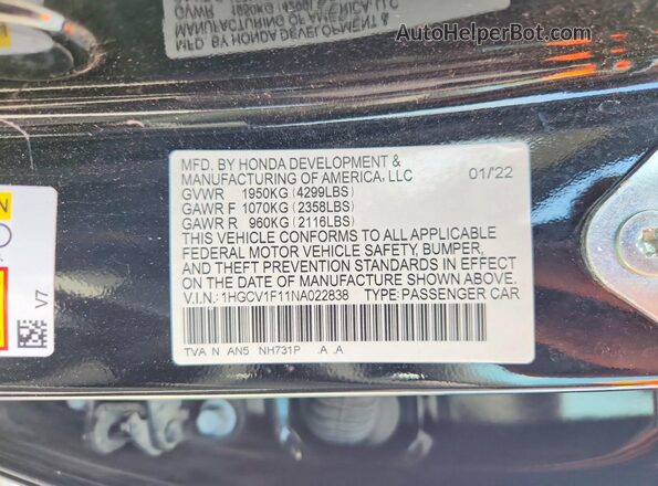 1HGCV1F11NA022838 2022 HONDA ACCORD Black Engine compartment view
