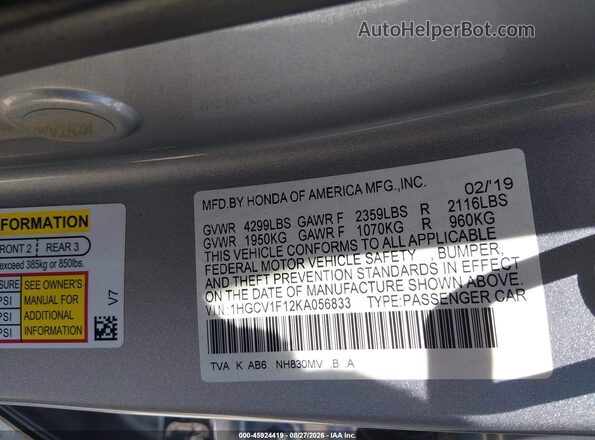 1HGCV1F12KA056833 2019 HONDA ACCORD Gray Widok komory silnika
