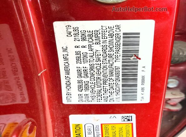1HGCV1F12KA093767 2019 HONDA ACCORD Red VIN կոդի պիտակի տեսք