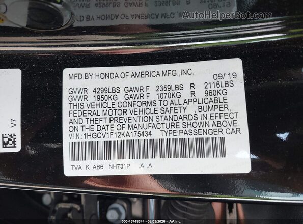 1HGCV1F12KA175434 2019 HONDA ACCORD Black Widok komory silnika