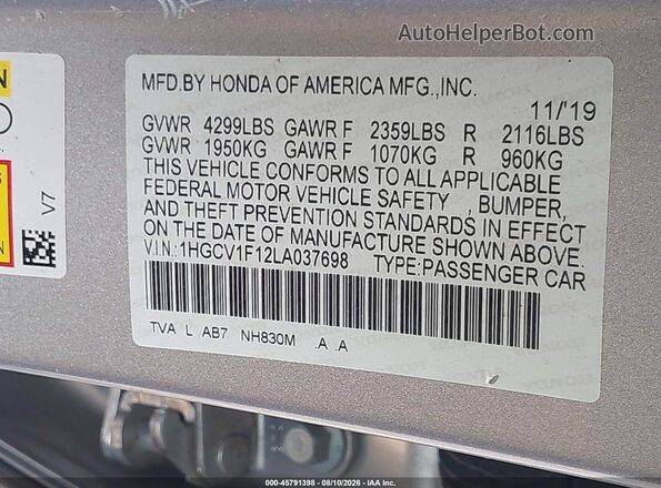 1HGCV1F12LA037698 2020 HONDA ACCORD Серебряный Вид подкапотного пространства