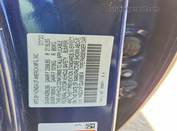 1HGCV1F12LA106874 2020 HONDA ACCORD Blue Вид підкапотного простору