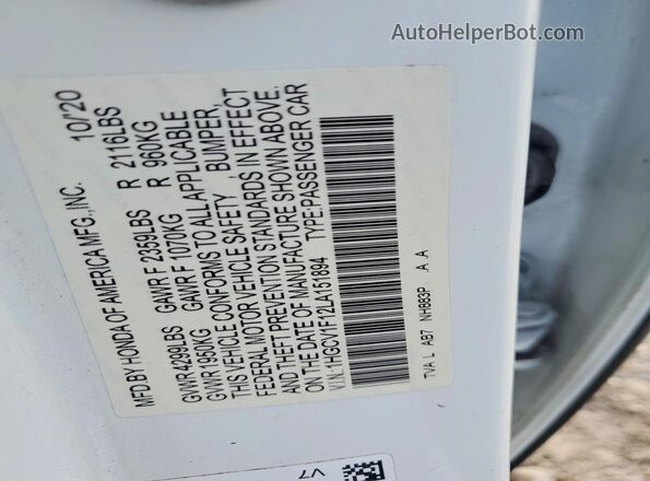 1HGCV1F12LA151894 2020 HONDA ACCORD White Вид підкапотного простору