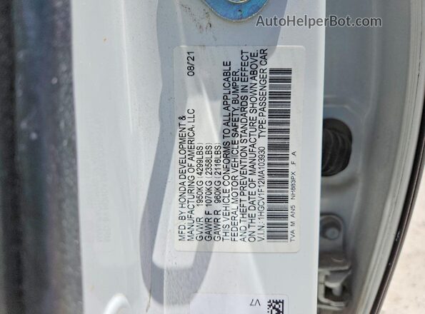 1HGCV1F12MA103930 2021 HONDA ACCORD White VIN კოდის სტიკერის ხედი