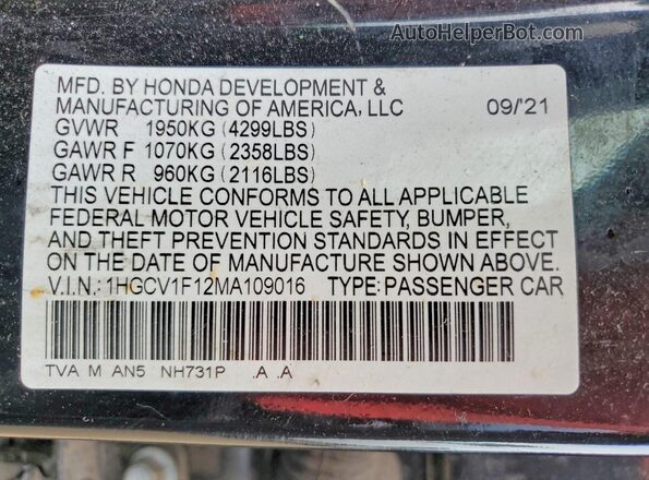 1HGCV1F12MA109016 2021 HONDA ACCORD Черный Вид подкапотного пространства