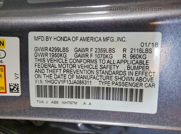 1HGCV1F13JA086311 2018 HONDA ACCORD Gray Engine compartment view