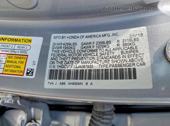 1HGCV1F13JA087930 2018 HONDA ACCORD Серебряный Вид подкапотного пространства