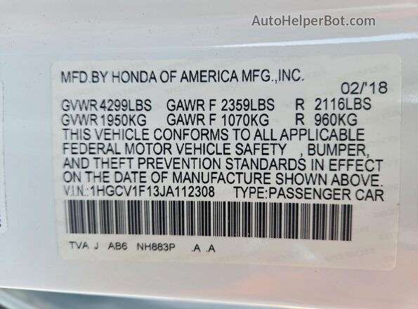 1HGCV1F13JA112308 2018 HONDA ACCORD White Vista del compartimento del motor