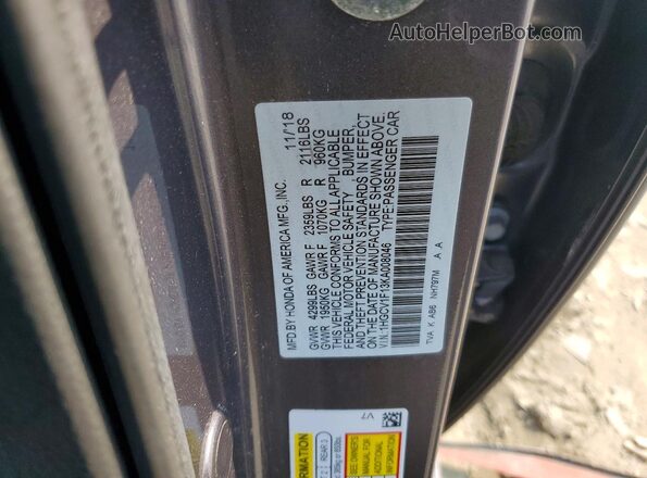1HGCV1F13KA008046 2019 HONDA ACCORD Charcoal Vista del compartimento del motor