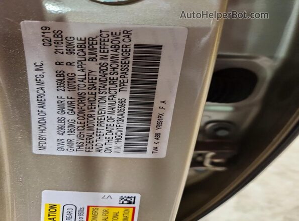 1HGCV1F13KA055965 2019 HONDA ACCORD Желто-коричневый Вид наклейки с VIN-кодом
