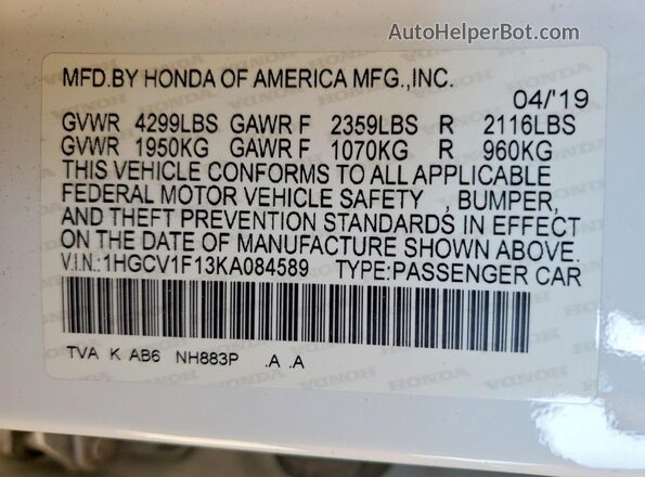 1HGCV1F13KA084589 2019 HONDA ACCORD White Widok naklejki z numerem VIN