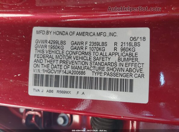 1HGCV1F14JA200686 2018 HONDA ACCORD Red Вид підкапотного простору