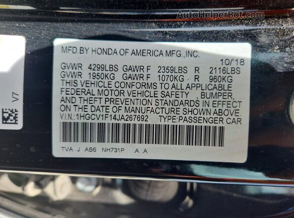 1HGCV1F14JA267692 2018 HONDA ACCORD Black Շարժիչի բաժամունքի տեսք