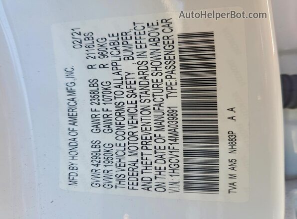 1HGCV1F14MA039891 2021 HONDA ACCORD White Engine compartment view