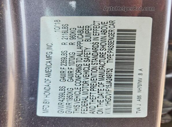 1HGCV1F15JA249752 2018 HONDA ACCORD Charcoal Вид підкапотного простору
