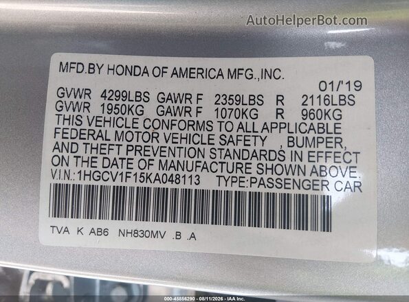1HGCV1F15KA048113 2019 HONDA ACCORD Silver Widok komory silnika
