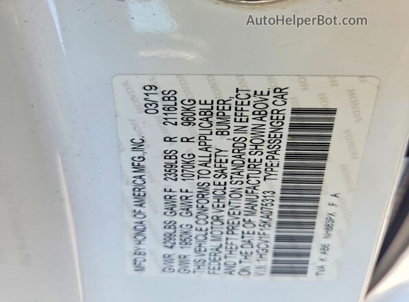 1HGCV1F15KA075313 2019 HONDA ACCORD Белый Вид наклейки с VIN-кодом