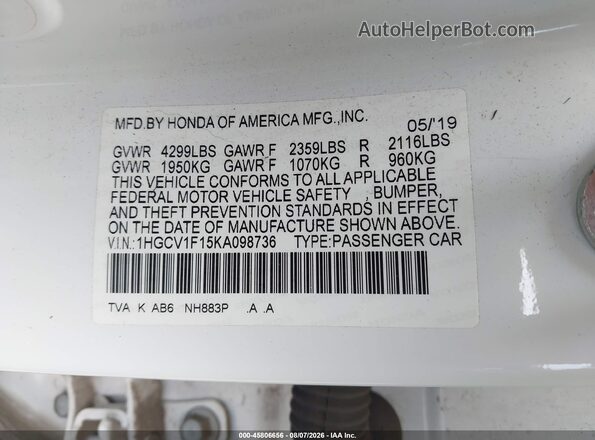 1HGCV1F15KA098736 2019 HONDA ACCORD White Շարժիչի բաժամունքի տեսք
