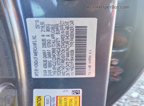 1HGCV1F15KA100369 2019 HONDA ACCORD Gray Շարժիչի բաժամունքի տեսք