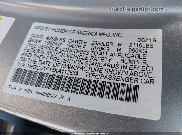 1HGCV1F15KA113834 2019 HONDA ACCORD Silver Engine compartment view