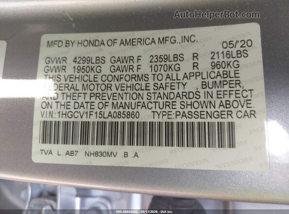 1HGCV1F15LA085860 2020 HONDA ACCORD Silver Widok komory silnika