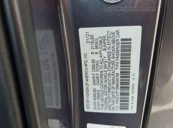 1HGCV1F15MA035168 2021 HONDA ACCORD Gray Widok naklejki z numerem VIN