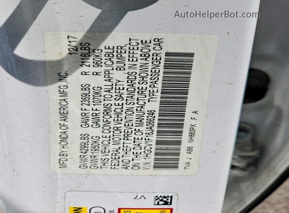 1HGCV1F16JA066246 2018 HONDA ACCORD White VIN კოდის სტიკერის ხედი