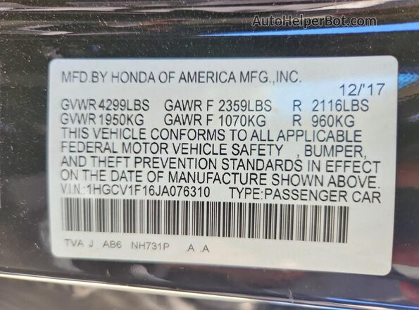 1HGCV1F16JA076310 2018 HONDA ACCORD Black Շարժիչի բաժամունքի տեսք