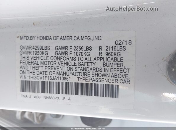 1HGCV1F16JA110861 2018 HONDA ACCORD White Շարժիչի բաժամունքի տեսք