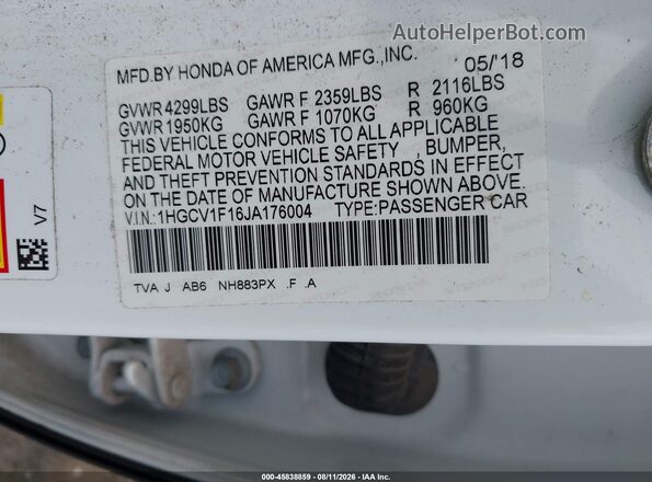 1HGCV1F16JA176004 2018 HONDA ACCORD Белый Вид подкапотного пространства