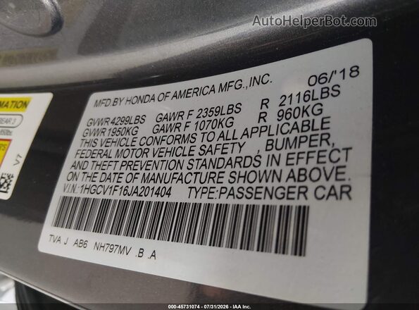 1HGCV1F16JA201404 2018 HONDA ACCORD Silver Engine compartment view